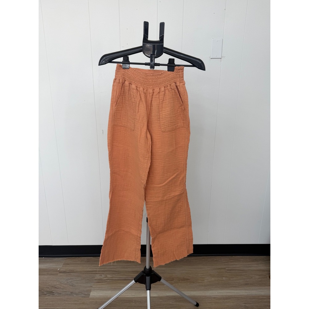 Happily Grey Gauze Pants Women Size M Orange Excellent Smocked Wide Leg